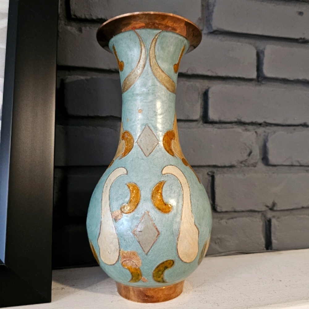 ​VINTAGE 11” India Blue Enameled Brass Vase Geometric Boho Mid Century Modern